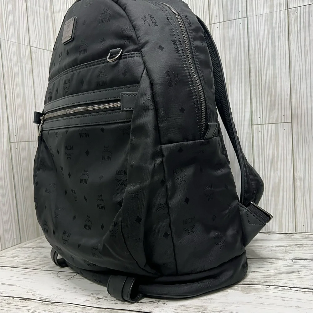 MCM Stark Backpack Black Nylon Logo Print Medium Unisex Designer Travel Bag